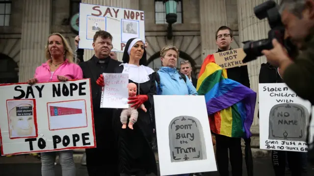 Clerical sex abuse protesters assemble at the General Post Office (GPO) on O&#x27;Connell Street in Dublin