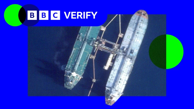 Une image montrant le pétrolier saisi en train de se ravitailler. Elle est superposée à la charte graphique et aux couleurs de BBC Verify.