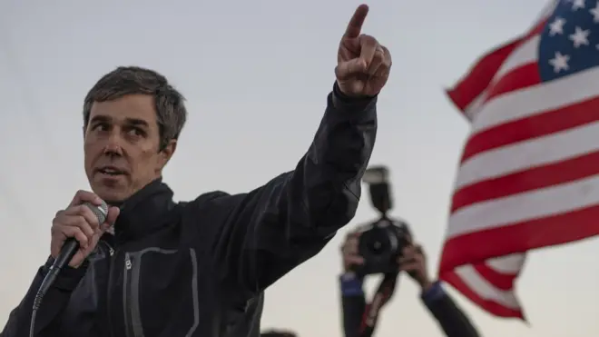 Former Texas Congressman Beto O&#x27;Rourke speaks to a crowd of marchers during the anti-Trump &#x27;March for Truth&#x27; in El Paso