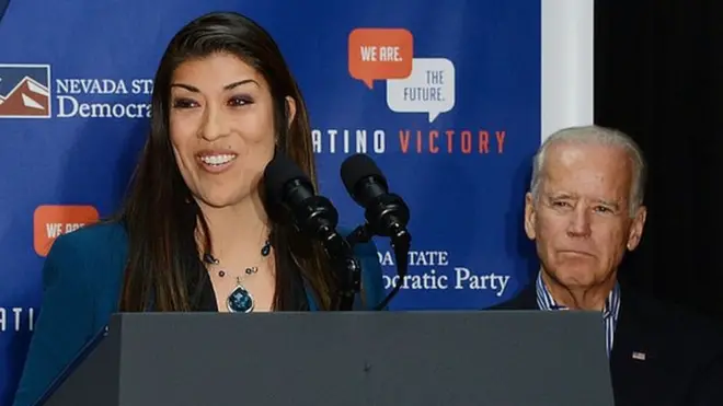 Lucy Flores alleges Mr Biden kissed her on the back of the head ahead of a 2014 campaign event