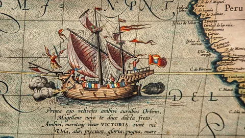 Rossi Thomson, by permission of the Biblioteca Civica Bertoliana – Vicenza Theatre of the World features a small drawing of Ferdinand Magellan’s ship, Victoria (Credit: Rossi Thomson, by permission of the Biblioteca Civica Bertoliana – Vicenza)