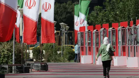 A woman in a green top, black pants and a white head scarf walks outside, away from the camera in the sun surrounded by Iranian flags.  There are trees in the background. 