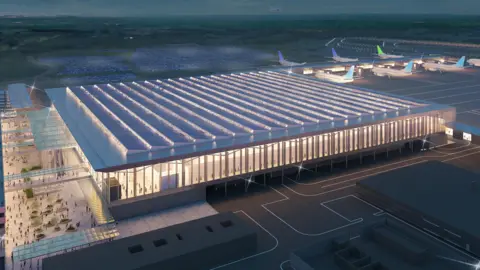 An artist impression of the new terminal building form outside. It is a large square building covered in glass. 