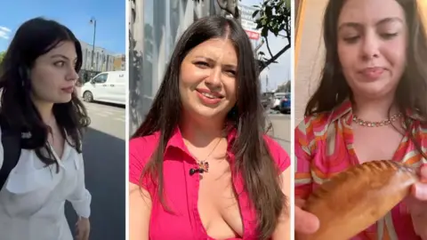 Three images of a woman with dark brown hair. In the left image, she is walking beside a road wearing a white top, looking away from the camera. In the middle image, she is smiling and looking at the camera, and wearing a pink top. In the right image, she is holding a pastry in her hands, which she is eating and looking down at, and is wearing a pink and orange striped top.