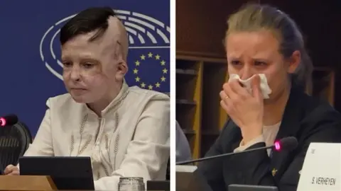 Woman in tears (L) and boy with short black hair (R)