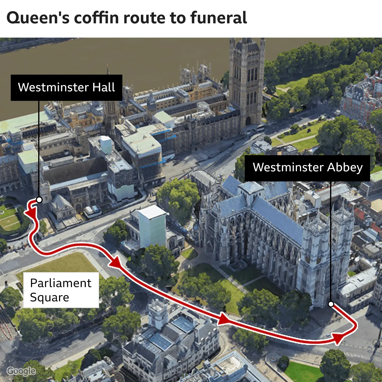 Map showing route the Queen&#x27;s coffin took from Westminster Hall to Westminster Abbey