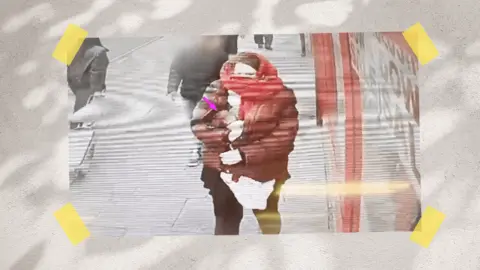Graphic of CCTV image of Constance Marten wearing a red scarf and puffer jacket while carrying small baby