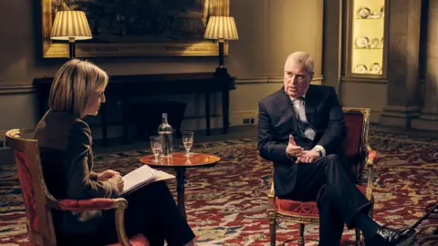 Prince Andrew in a 2019 interview with BBC Newsnight&#x27;s Emily Maitlis