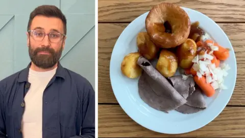 Man in glasses looks at camera, next to an image of food on a plate